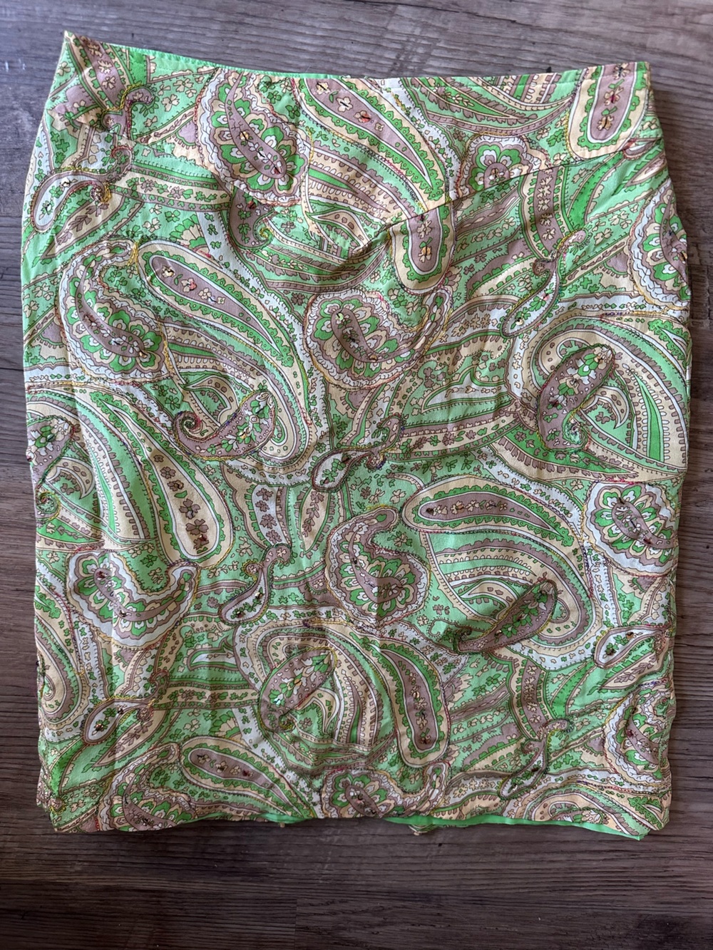 Worthington 100% Silk Paisley Pencil Skirt Size 8 Green Embroidered Beaded Y2K